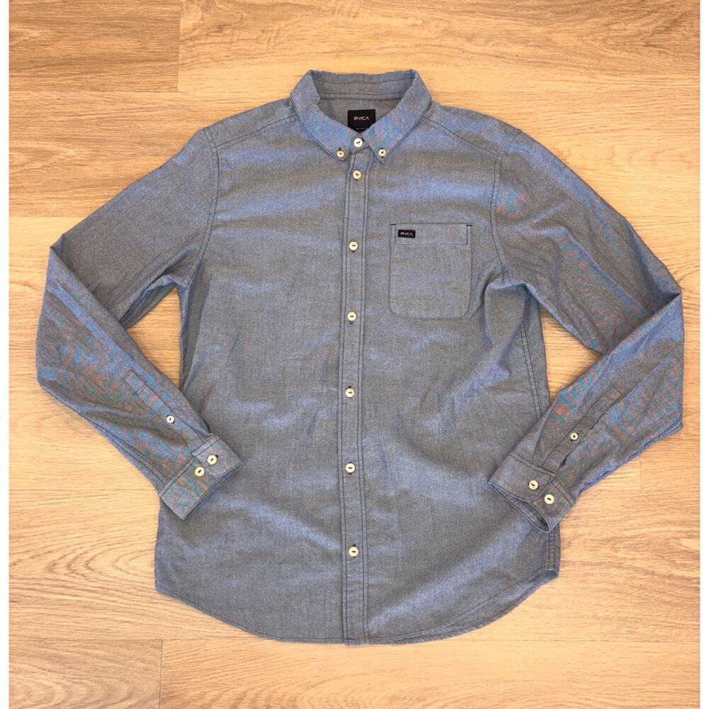 RVCA slim fit long sleeve button up gray & white cotton blend mens size medium